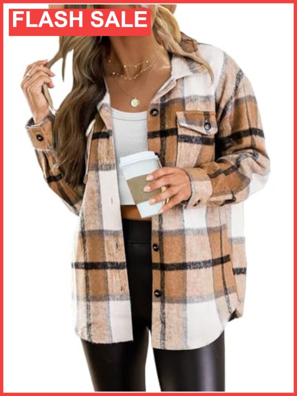 Womens Plaid Flannel Shacket Button Down Shirt Loose Fit Casual